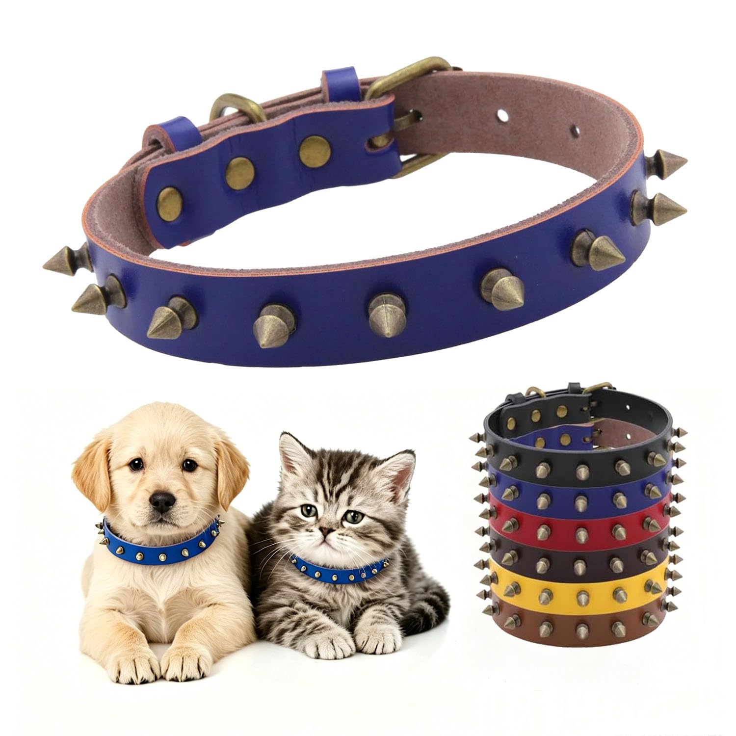 Collier à pointes pour chien en cuir de vachette véritable robuste