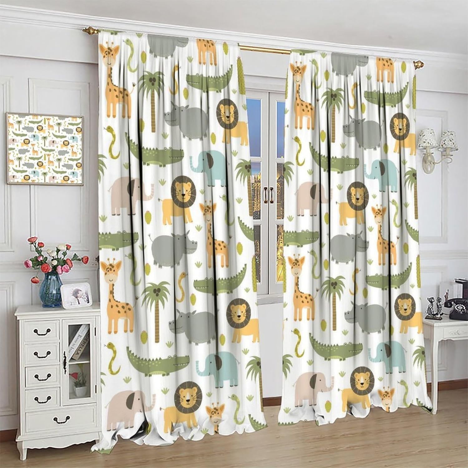 Nursery Safari Animals Blackout Curtains,Woodland Jungle Lion Giraffe Cartoon Watercolor Animals Pattern 2 Panel Rod Pocket Window Drapes for Kids Boy Bedroom Decor 42" W X 84" L