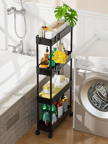 Miniatura 2 de LEHOM Carrito de almacenamiento delgado de 5.1 pulgadas, organizador de baño de 4 niveles, estantería móvil, carrito utilitario rodante, organizador