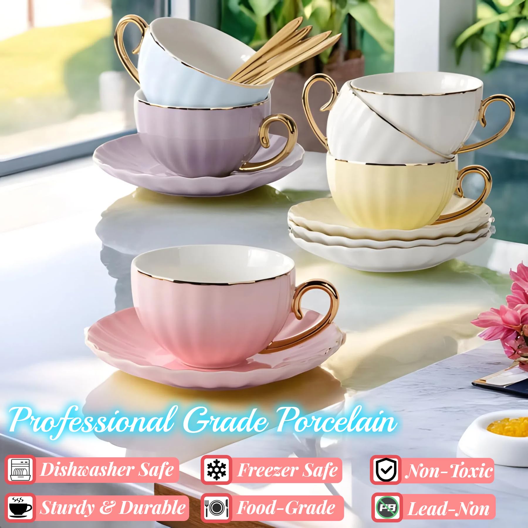 ICHAG Juego de 6 tazas de té y platillos, juego de tazas de té, taza de té y platillo, juegos de té para mujeres, fiesta de té para adultos, tazas de té de calabaza de 7 onzas, para té de la tarde,