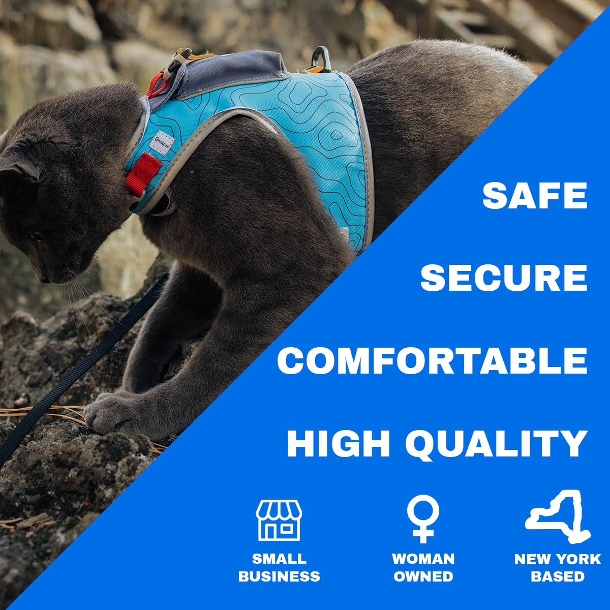 Travel CAT The Pathfinder - Arnés para gatos con bolsillo para rastreador GPS, alimentado por Tractive Cat a prueba de escapes, arnés a prueba de escape para gatos pequeños y grandes (azul, pequeño)