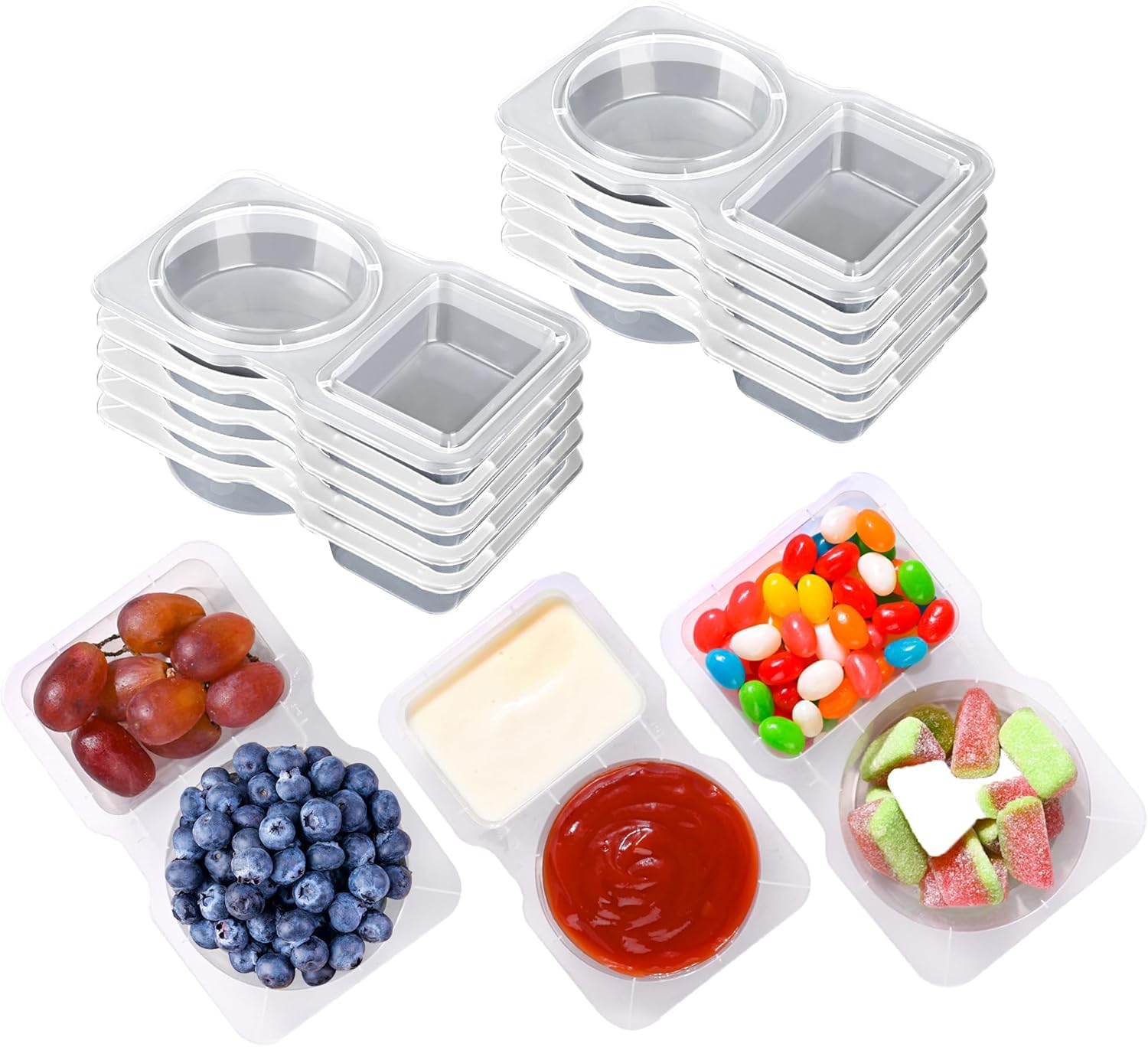 Collenatsy Reusable Snack Container, Double Compartment Snack Pack Container With Lids,Thickened And Portable Sauce Condiment And Dip Containers For Work/Picnic/Travel (10Pcs)