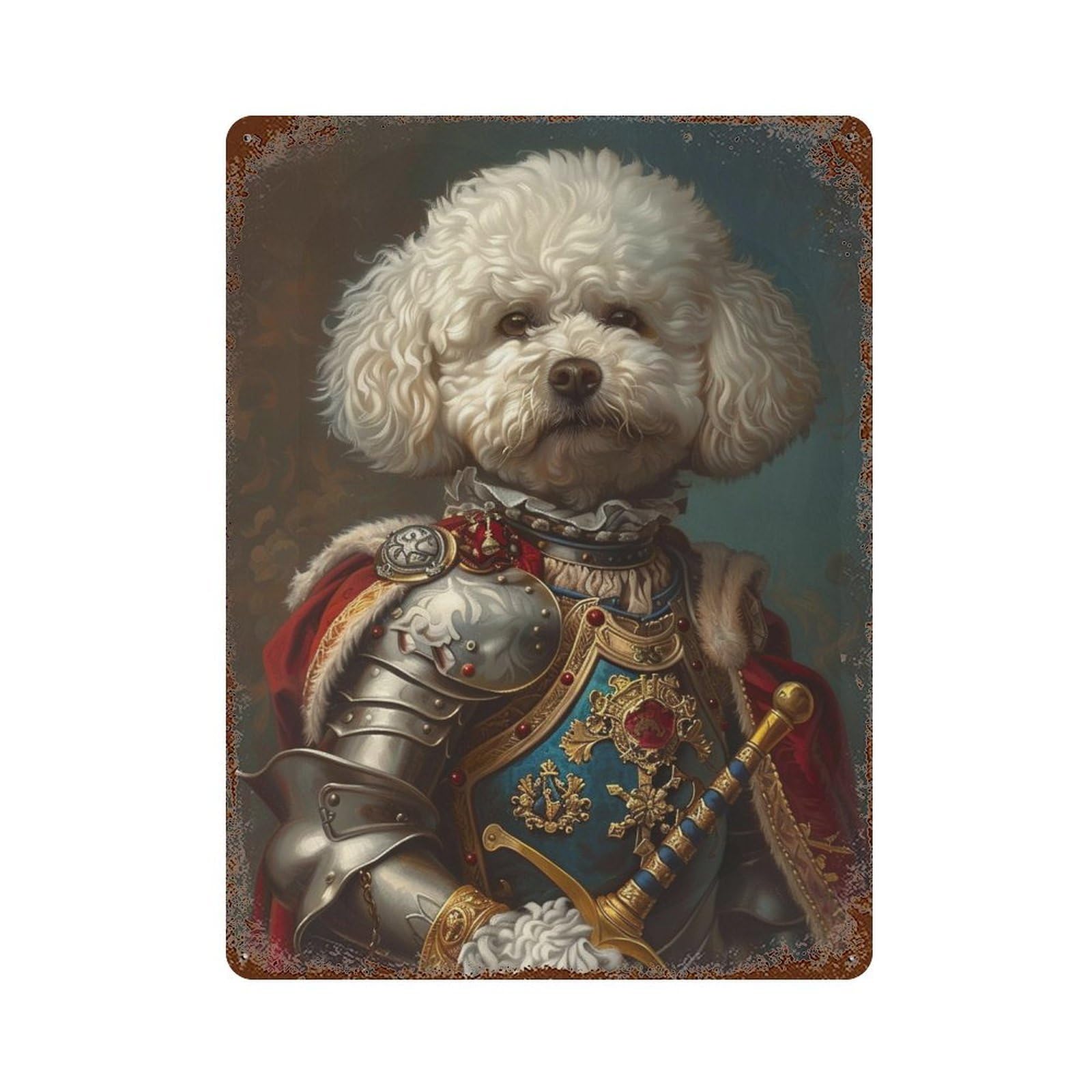 Royal Poodle in Armor Vintage Metal Tin Sign 15.7"x11.8", Rustic Home Decor for Garage, Bar And Workshop Decor