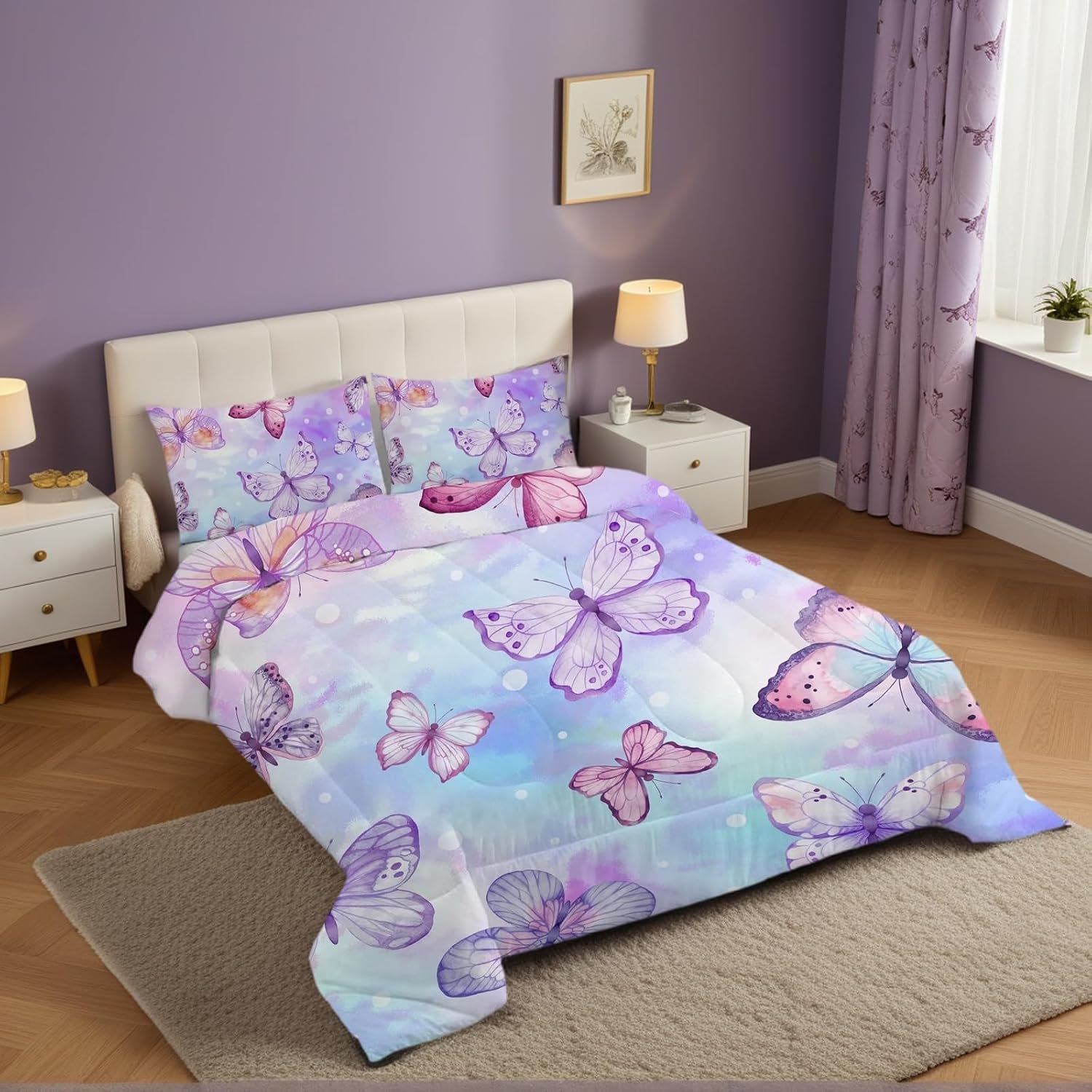 Butterfly Comforter Set Full Size for Girls Kids Teens Blue Purple Tie Dye Bedding Set 5 Pieces Bed in a Bag