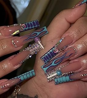 Press on Nails Extra Long - Aegenacess Square Press On Nails with 3D Rhinestones, Nude Blue Purple French Tips Y2K Fake Nails with Glue Sticker, Handmade 24 pcs Stick On Nails False Nail in 12 Sizes