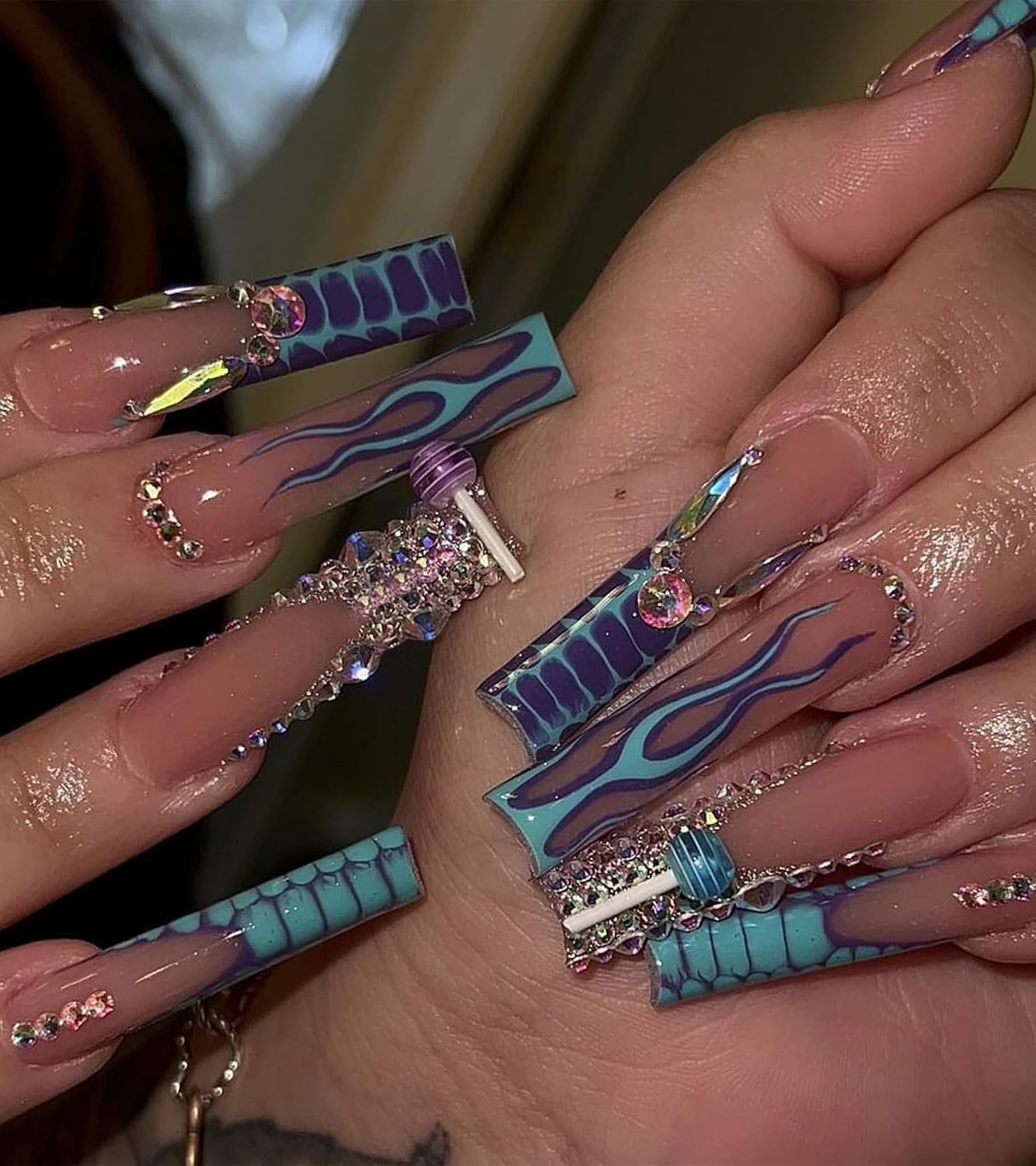 Aegenacess Extra Long Press On Nails - Handmade 3D Rhinestones