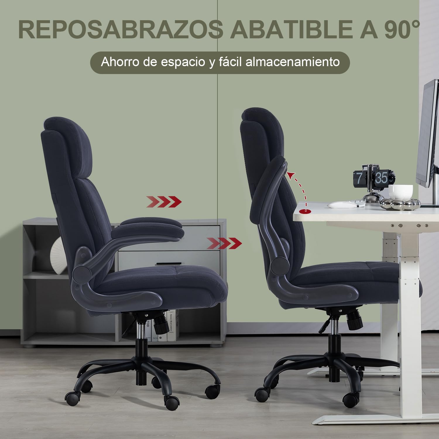 CASTLOVE Silla de oficina ergonómica, silla de escritorio con respaldo, reposabrazos plegable, respaldo alto, altura ajustable, función basculante (silla de oficina, tela, negro, máx. 150 kg)