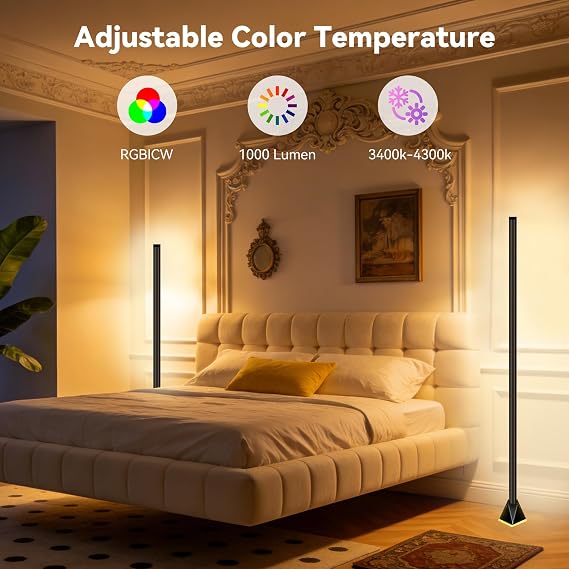 Corner Floor Lamp, Smart RGB LED Corner Lamp with App and Remote Control, Mood Lighting, 16 Million DIY Colors & 68+ Scene, Music Sync, Timer Setting for Living Rooms, Bedrooms, and Gaming Rooms [Energy Class B]