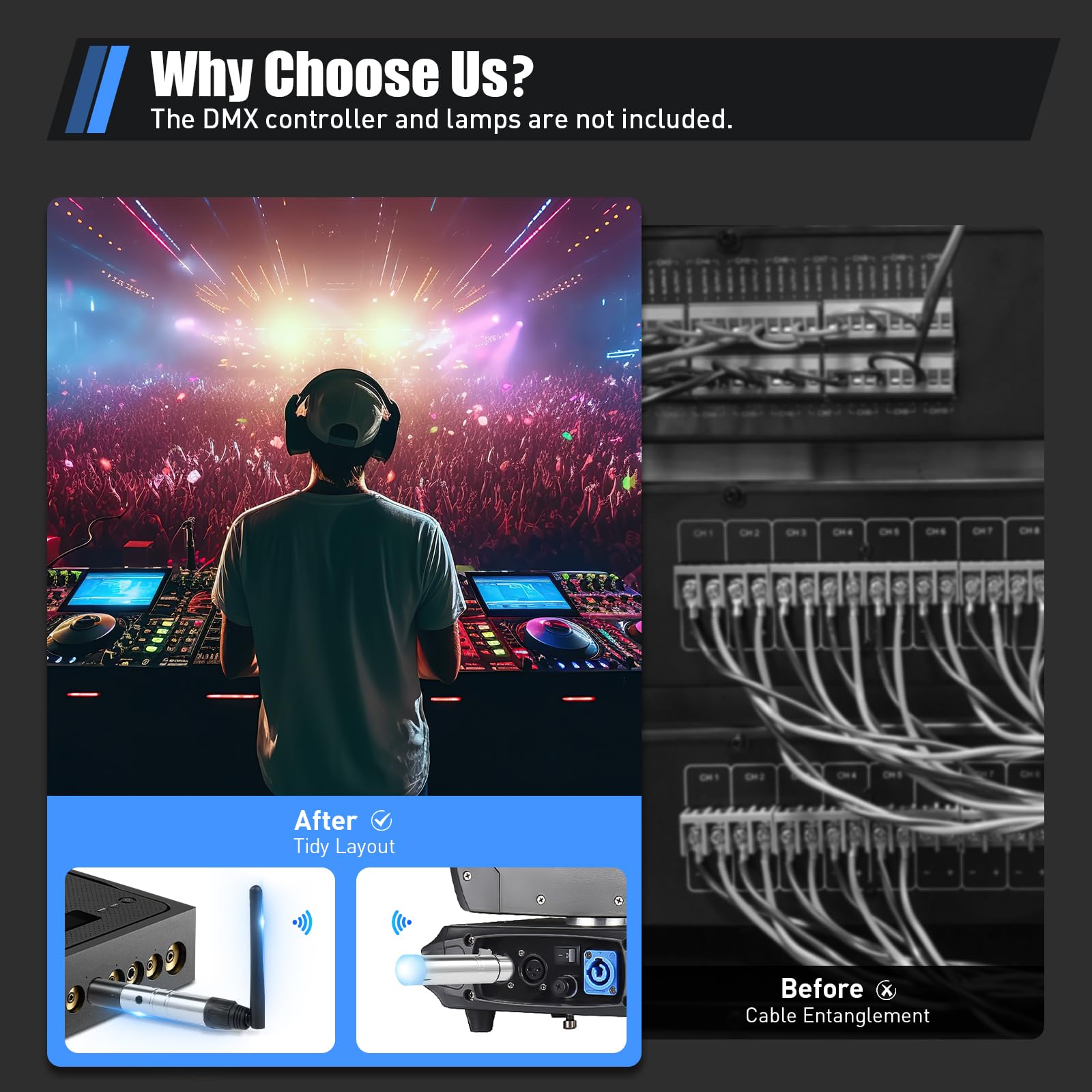 DMX512 - Trasmettitore con 7 ricevitori, controller DMX wireless 2,4 G ISM, controller di illuminazione a LED, senza fili, segnale DMX, per DJ LED, palcoscenico, luce per feste