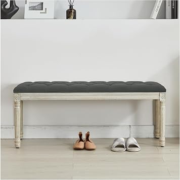 44 Linen End of Bed Bench for Bedroom, Dary Grey | Vintage, Upholstered, Button-Tufted, Carved Wood Legs