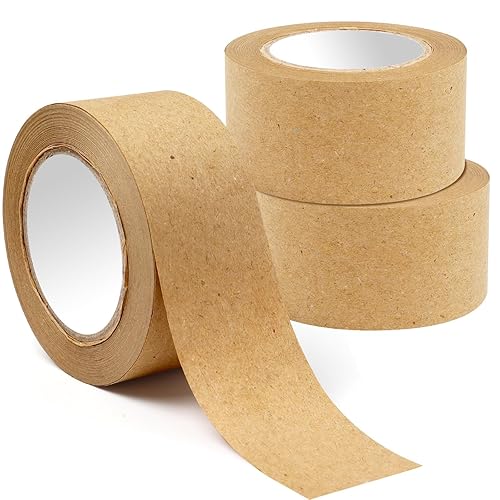 Paquete de 3 cintas de papel marrón, cinta activada por agua, cinta de embalaje reforzada con cinta de embalaje de papel adhesivo fuerte