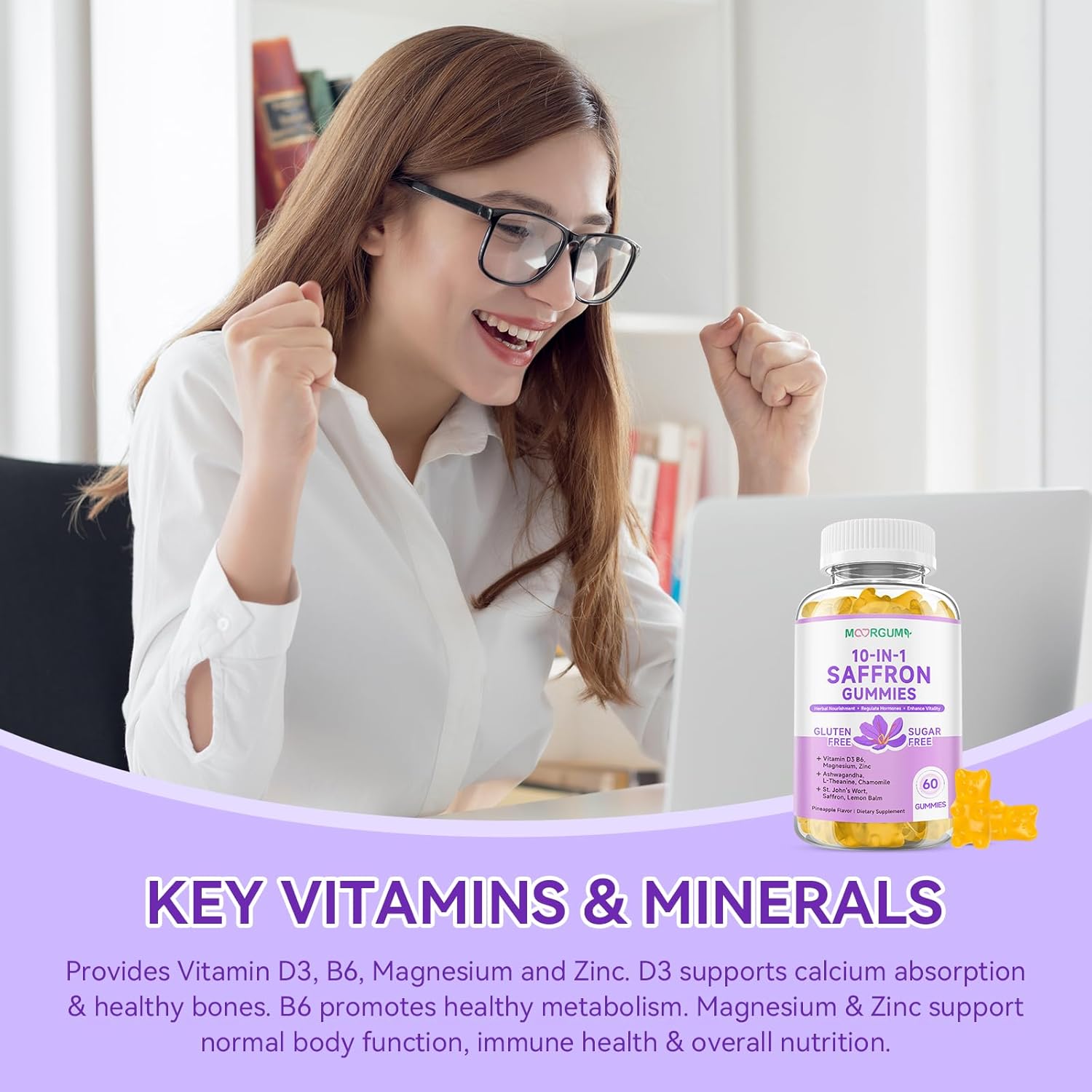 Saffron Gummies for Adult Kids, 10-IN-1 Cortisol Support Supplement with Saffron 88.5mg, Vitamin D3, B6, Magnesium, Zinc, Ashwagandha, L-Theanine, St. John's Wort, For Emotions, Slumber, 120 Count