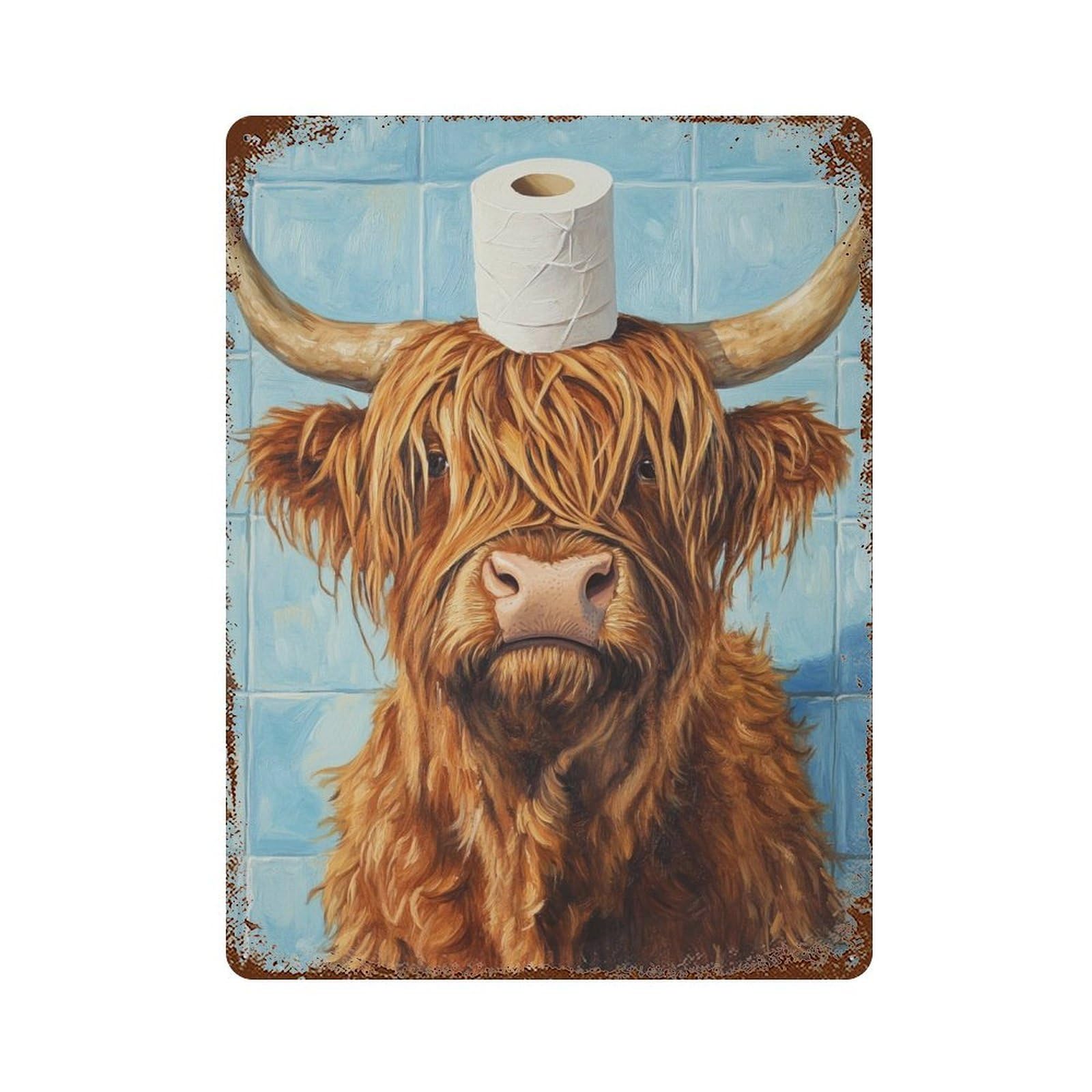 Decorative Tin Sign with Scottish Highland Cow with Toilet Paper Design 15.7"x11.8", for Farmhouse, Kitchen And Entryway Decor, Old School Wall Decor