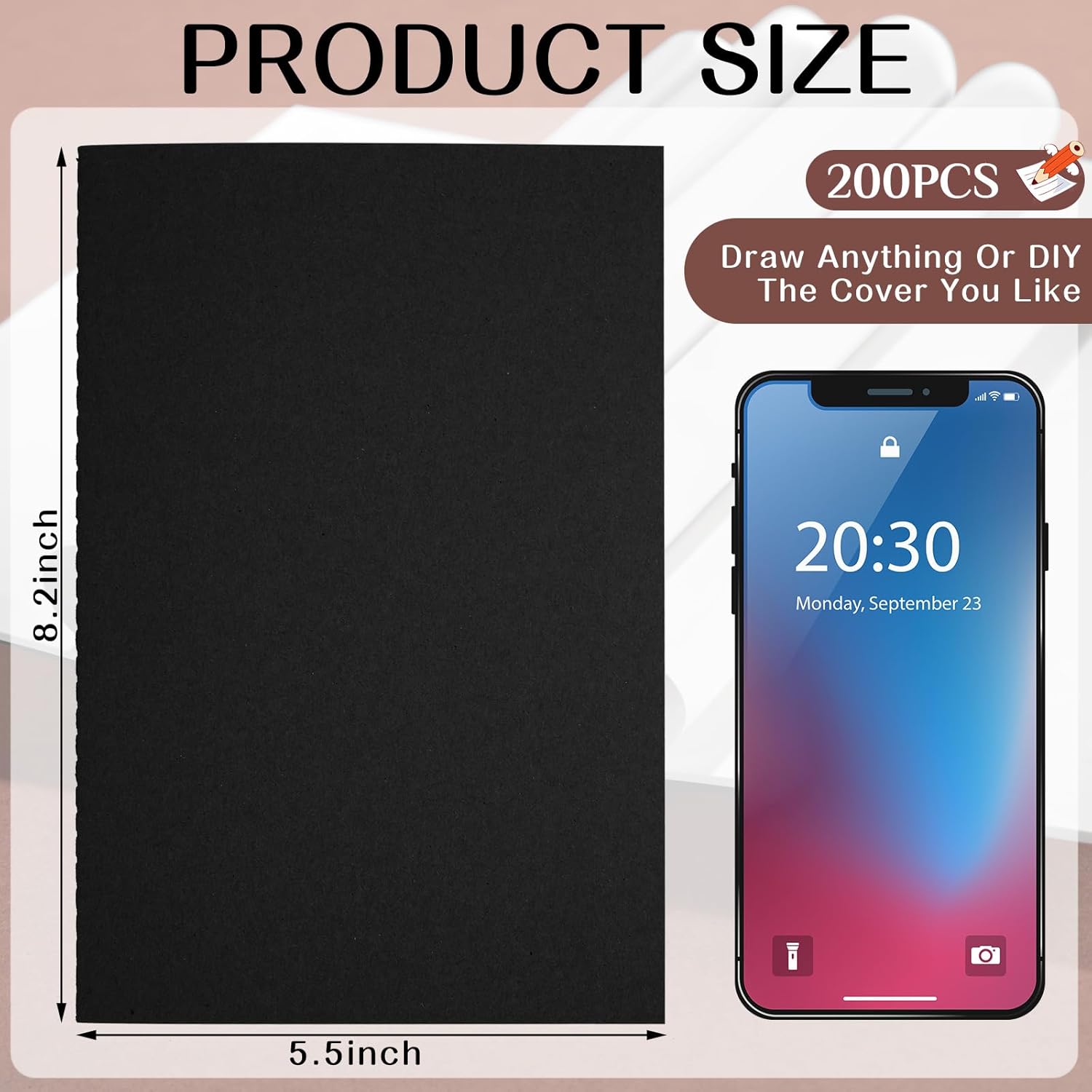 Sepamoon 200 Pack Kraft Notebook Journals 5.5 Inch x 8.3 Inch A5 Journal Softcover Notebooks Bulk for Kids Student Writing Sketch Travel Journal Office Notepad with 60 Pages 30 Sheets(Black)