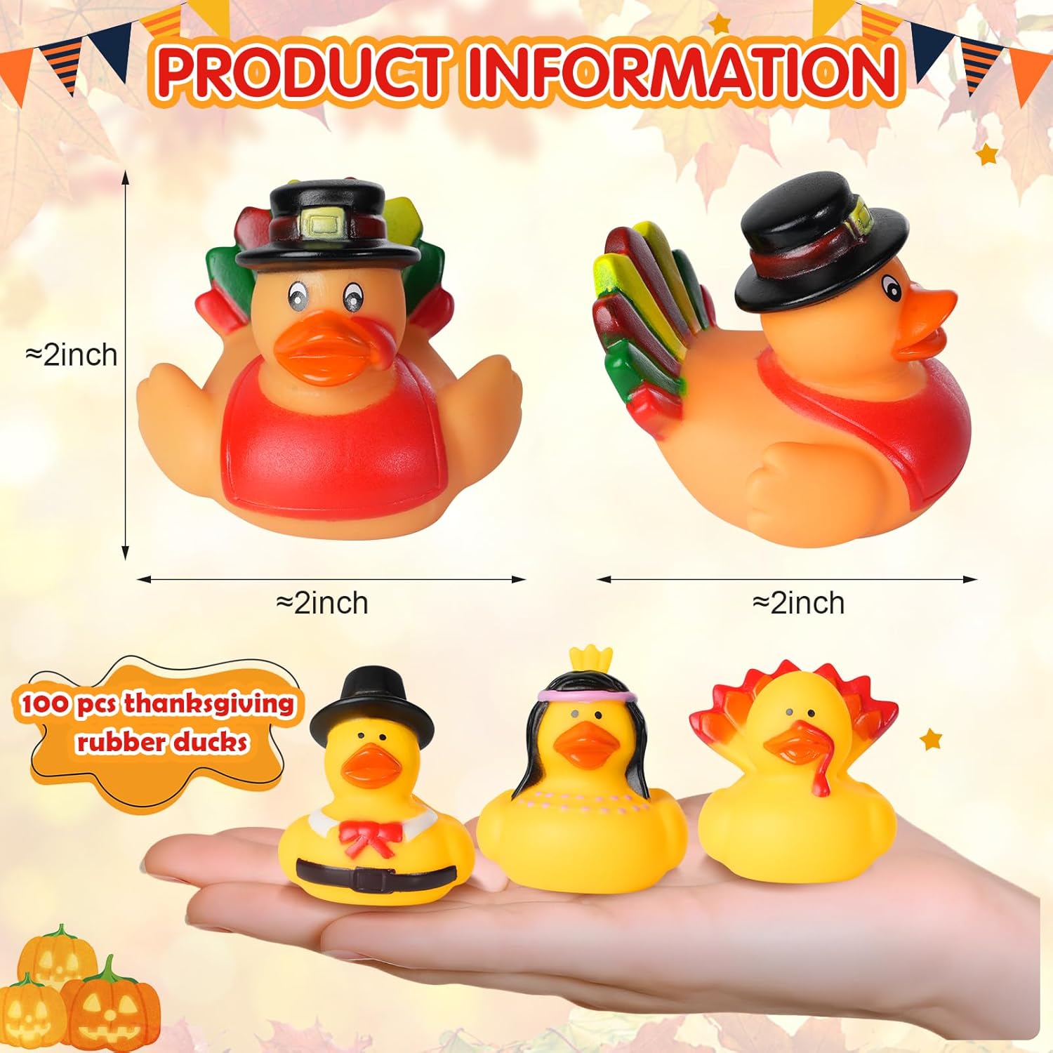 50Pcs Thanksgiving Rubber Ducks Bulk,Thanksgiving Party Favors Rubber Duckies,Mini Duck for Jeeps Ducking Bath Toys,Holiday Goodie Bag Fillers,Birthday Gifts Classroom Game Prizes for Kids