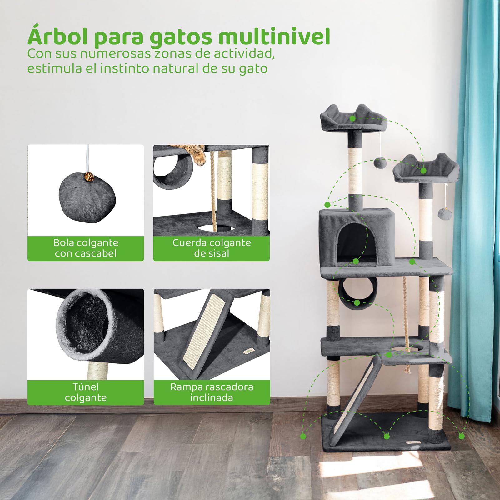 Árbol para Gatos XL, rascador para Gatos, Plataformas, caseta, Hamaca, Pelotas, columnas de sisal, Felpa, Altura 150 cm, Gris Oscuro, garantía de 5 años