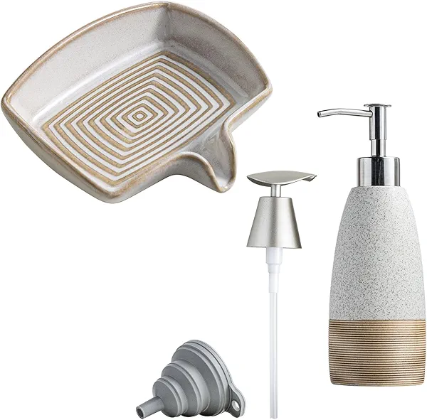 Ceramic Shower Soap Dish with Waterfall Design & Soap Dispenser with 2 Pumps, Ceramic Hand Soap Bottle for Shampoo