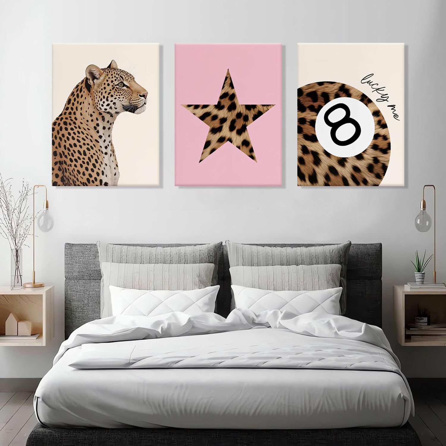 ZBMYYGO 3Pcs Pink Trendy Leopard Canvas Wall Art，Preppy Y2K trend Lucky 8 Ball Cheetah Posters Print Decor Decor for Bedroom, bathroom living room College Dorm, 12x16in Framed