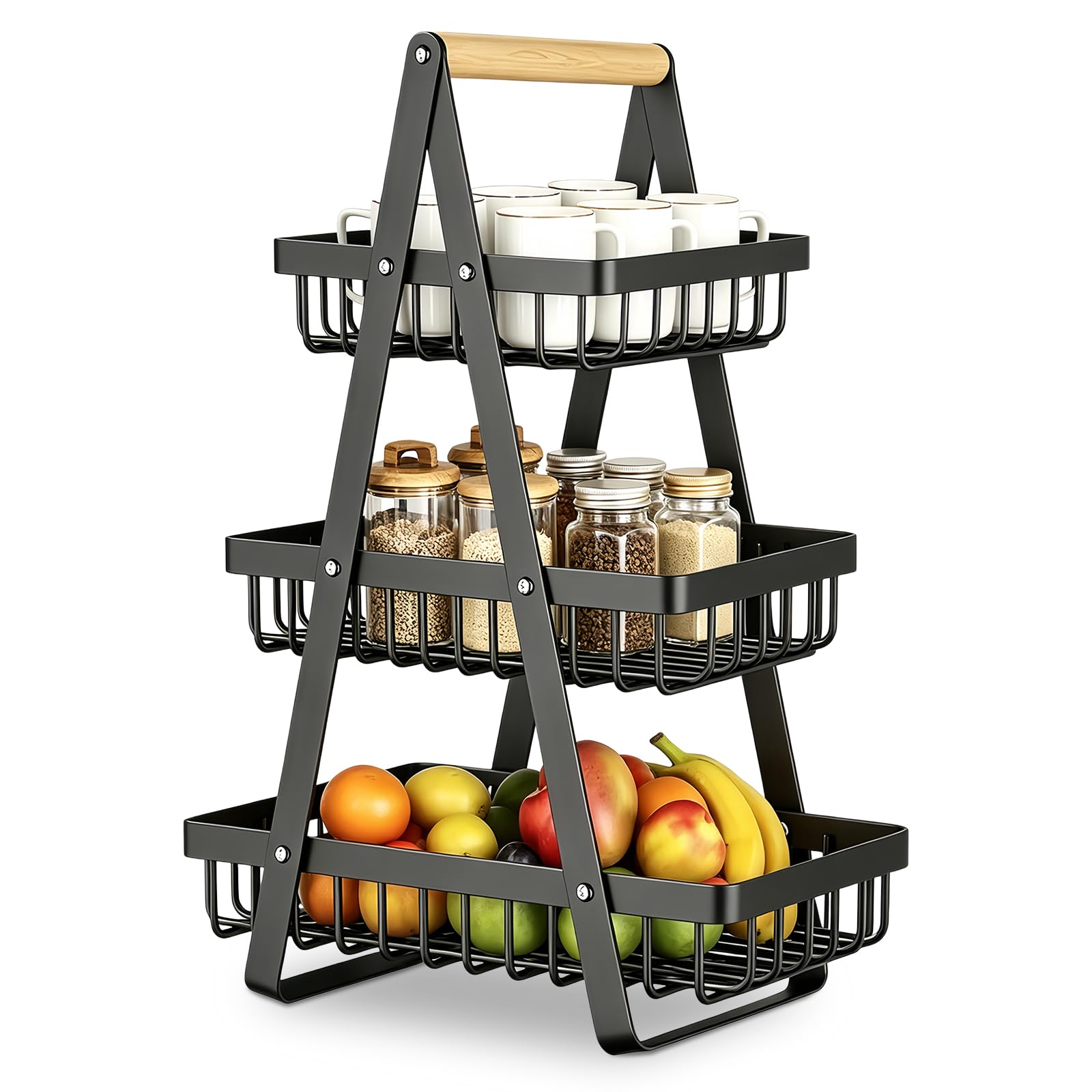 LLHONG 3 Tier Fruit Basket, Vegetable Rack, Detachable Mesh Fruit Basket With Wooden Handle, Vegetable Storage Rack For Kitchens, Home Store Vegetables, Pastries, Snacks, bread (Black)