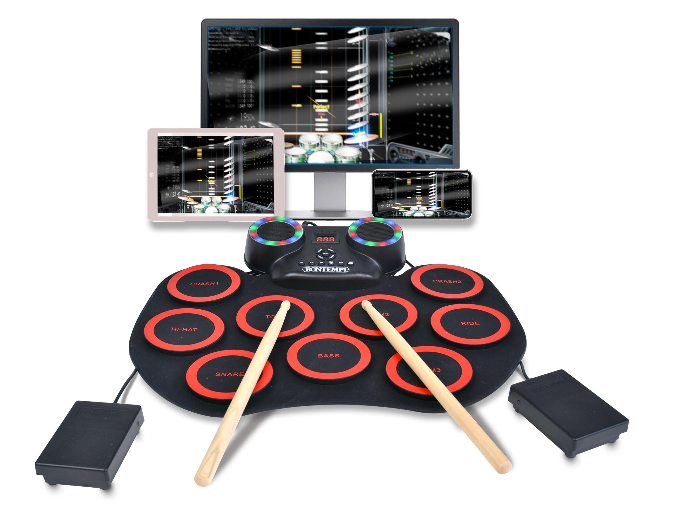 Bontempi | FlexBuddy – Batería Flexible electrónica de 9 Almohadillas con Ritmo y diversión asegurados, 43,2 x 17,1 x 6,5 cm