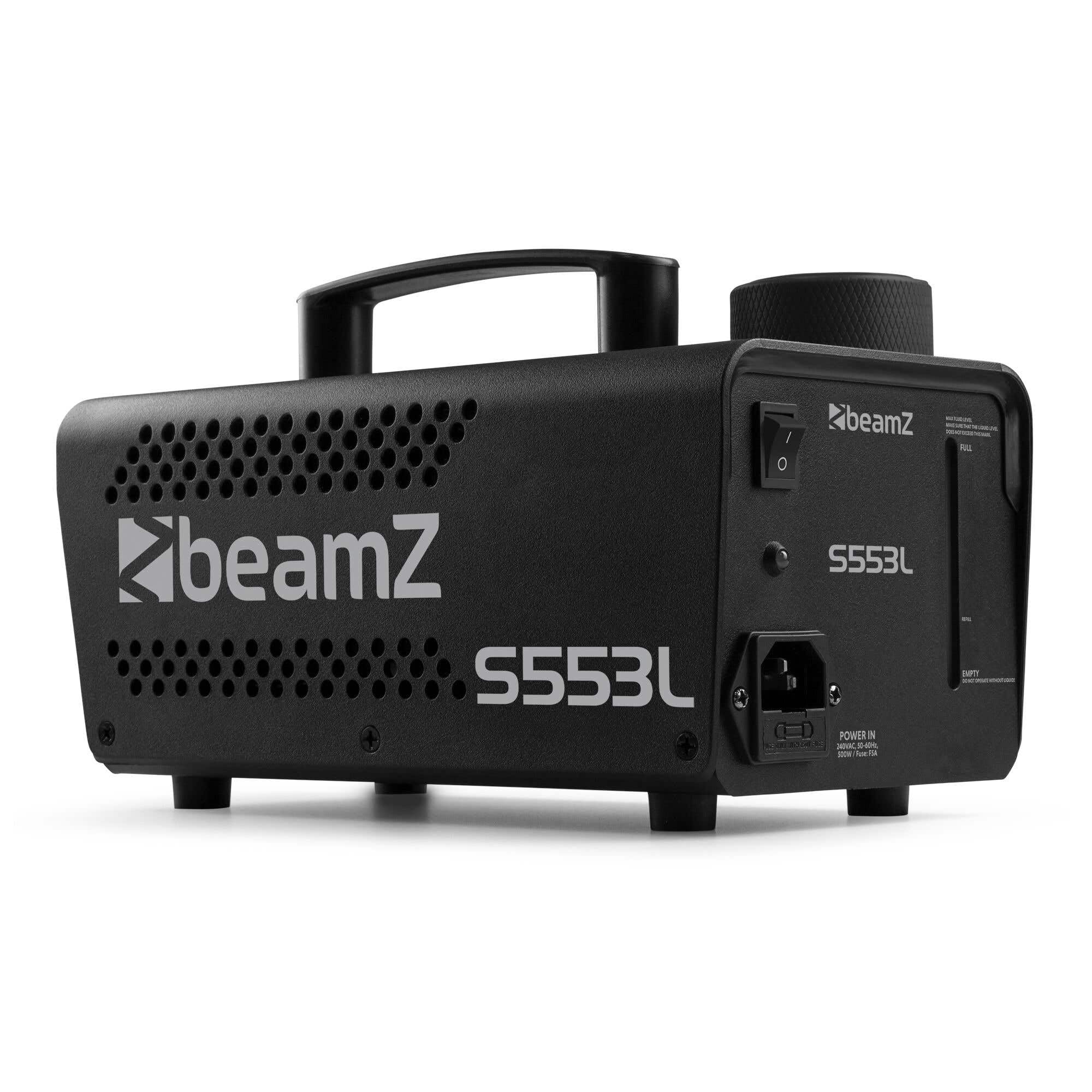 BeamZ Nebelmaschine S553L - LED Nebelmaschine Mini mit Lichteffekt und 250ml Nebelfluid, 550 Watt mit Fernbedienung, Rauchmaschine Party, Smoke Machine mit 3 LEDs RGB, Nebelmaschine Halloween