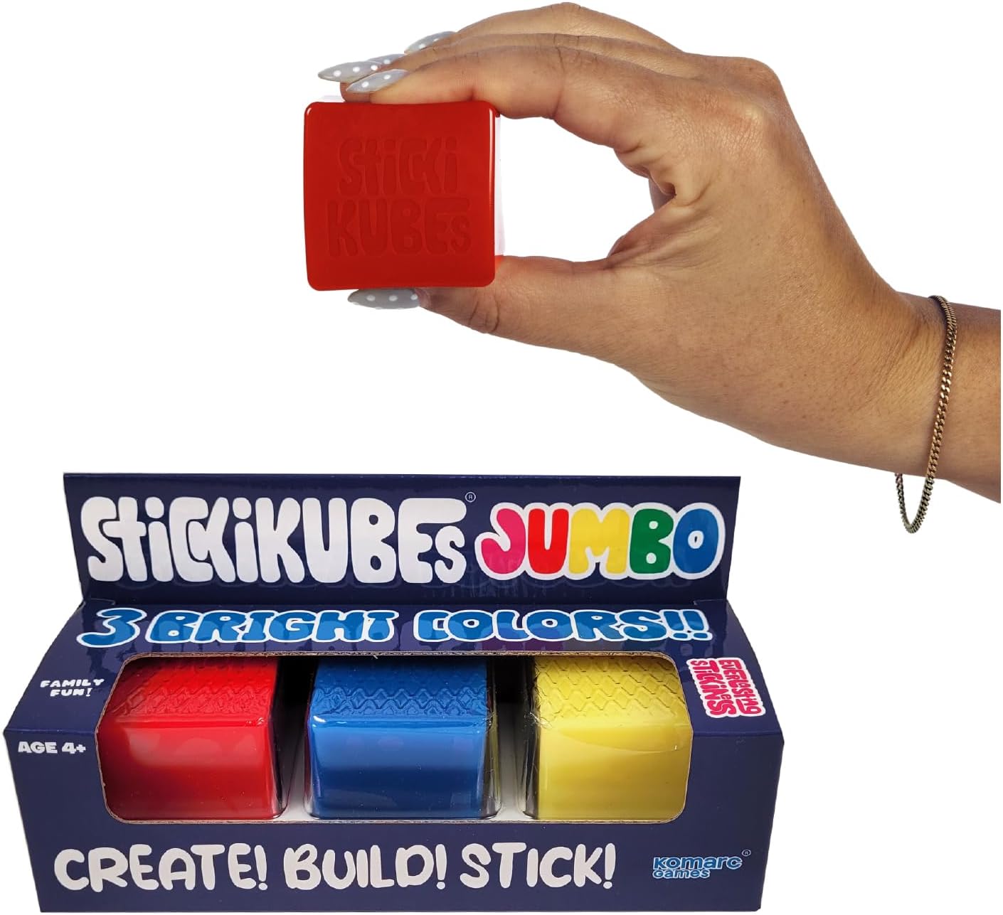 Jumbo StickiKubes 3-Pack, Blue Red Yellow, Squishy Stacking Cubes, 1.5 in | Stress Relief and Sensory Toy, Sticks to Any Surface, Non-Toxic, Ages 4+