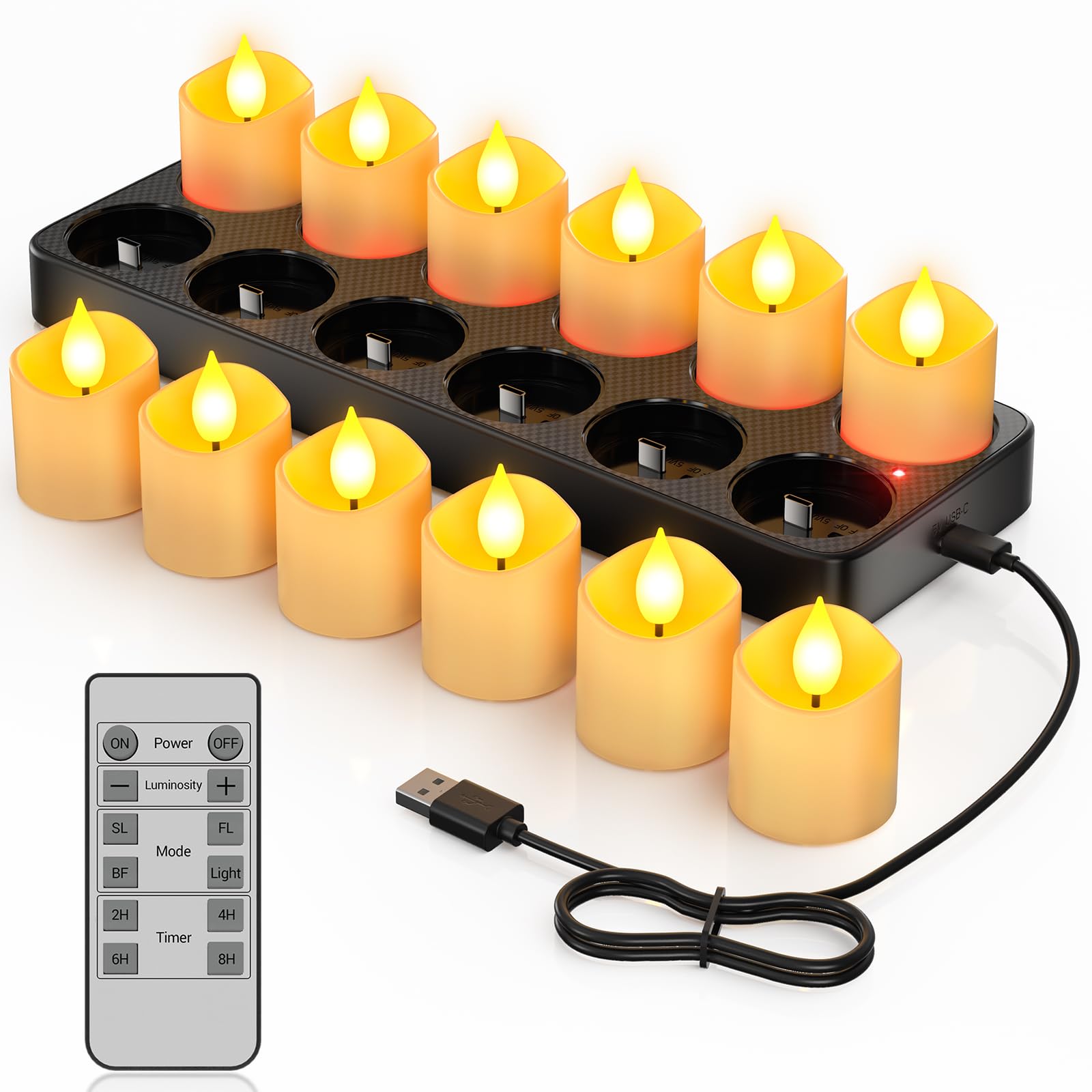 Ymenow Rechargeable Tea Lights with Charging Station, 12pcs Battery Electric Flameless LED Tealights Candles Flickering with Remote Control and Timer for Home Table Dinner Wedding Christmas Decor