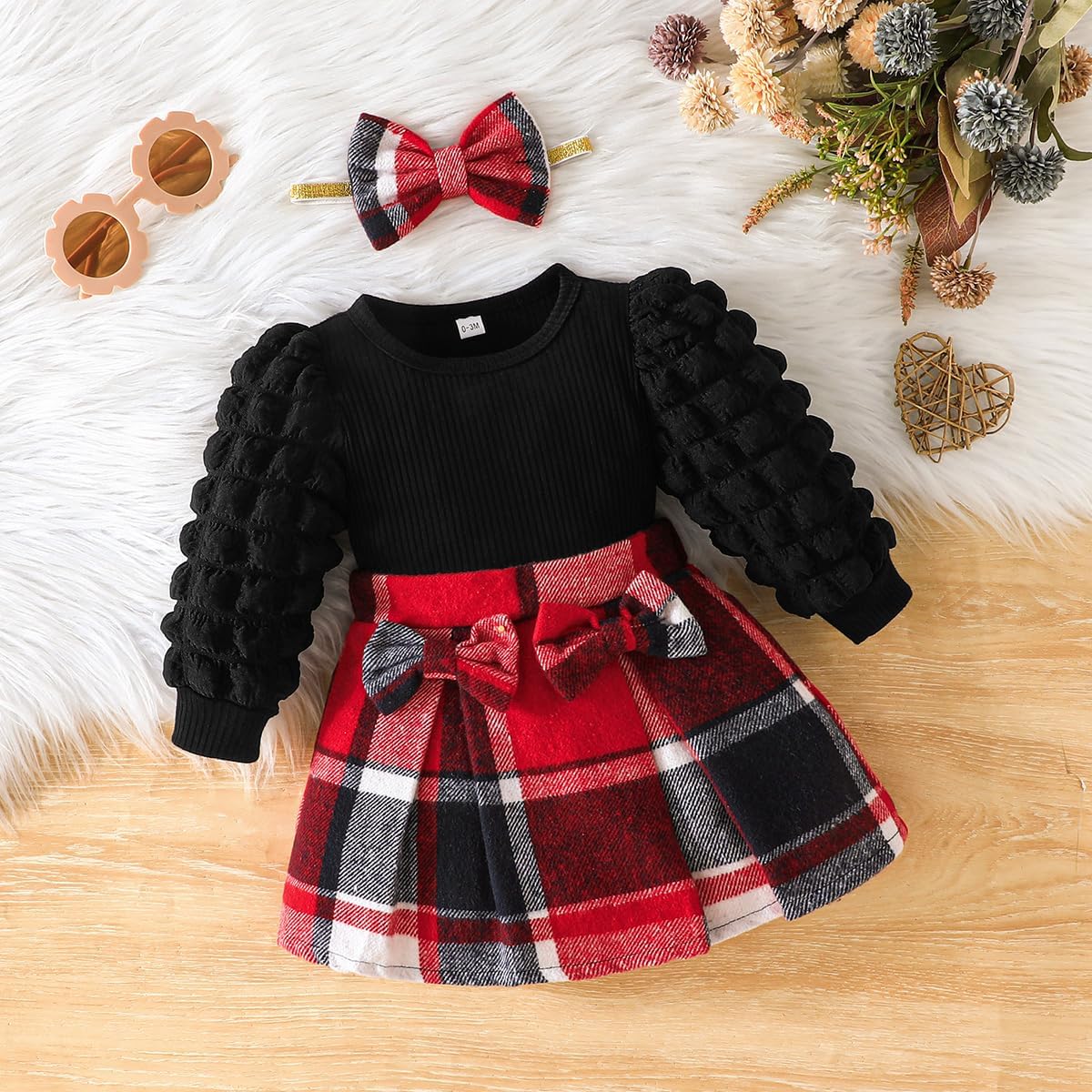 Toddler Baby Girl Plaid Dress Puff Sleeve Bow Patchwork Ribbed Shirts Dress Plaid Fall Winter Outfits with Headband - Image 4