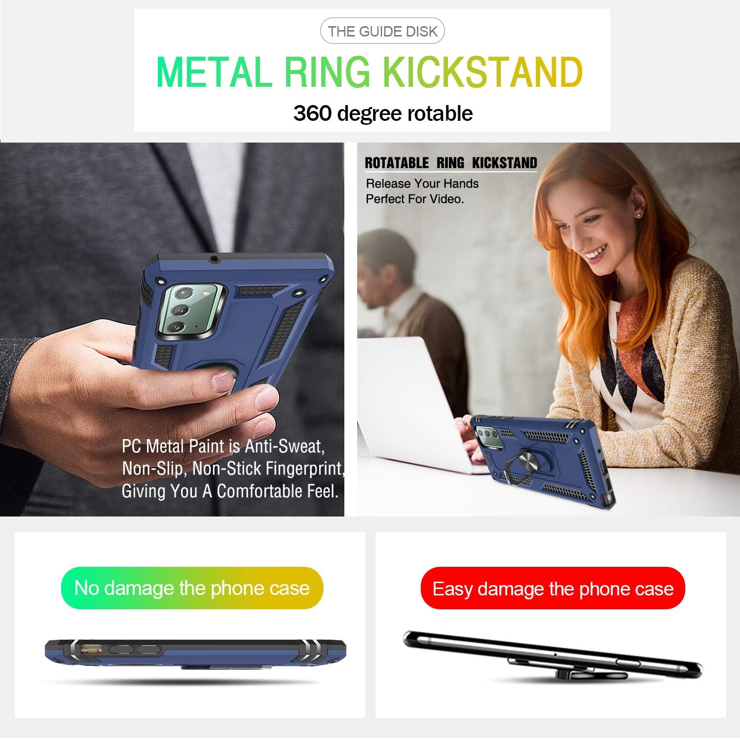 Compatible for Samsung Galaxy Note 20 Case 6.7 Inch with HD Screen Protector, Gritup [Military-Grade] Shockproof Protective Phone Case with Magnetic Kickstand Ring for Samsung Note 20 Blue