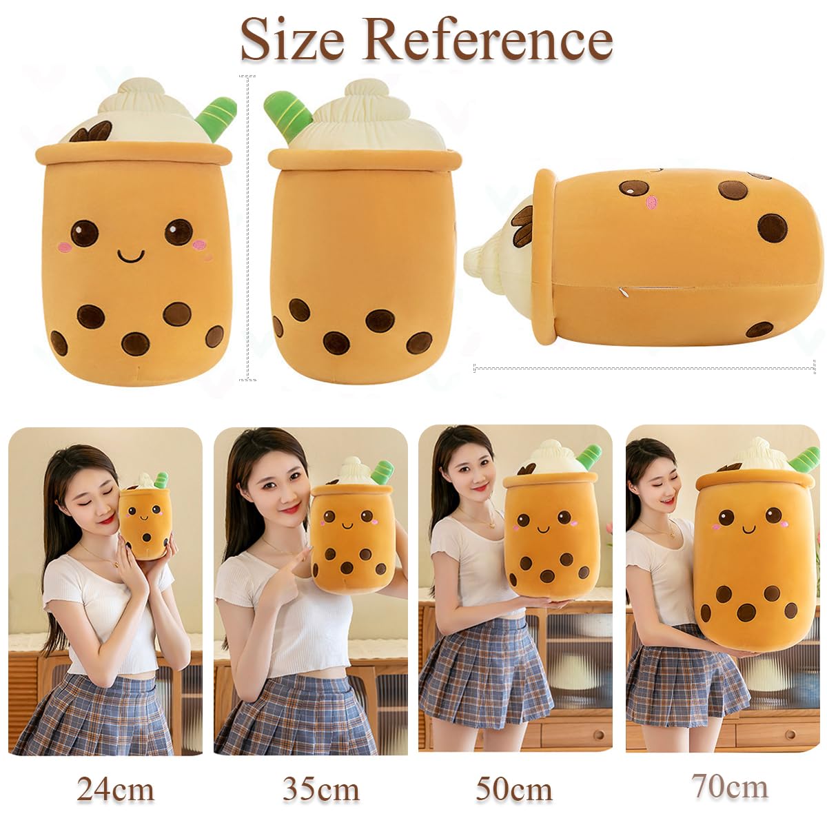 Bubble Tea Peluche Cuscino, Kawaii Boba Peluche Giocattolo Imbottito Soft Bubble Pearl Milk Tea Abbraccio Cuscino Regali per Bambini(Brown-Round eyes,50cm)