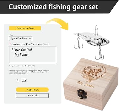 Personalised Laser Engraved Fishing Metal Lures with Customised Wooden Box Fishing Gifts for Men Dad Uncle Birthday 1st Year