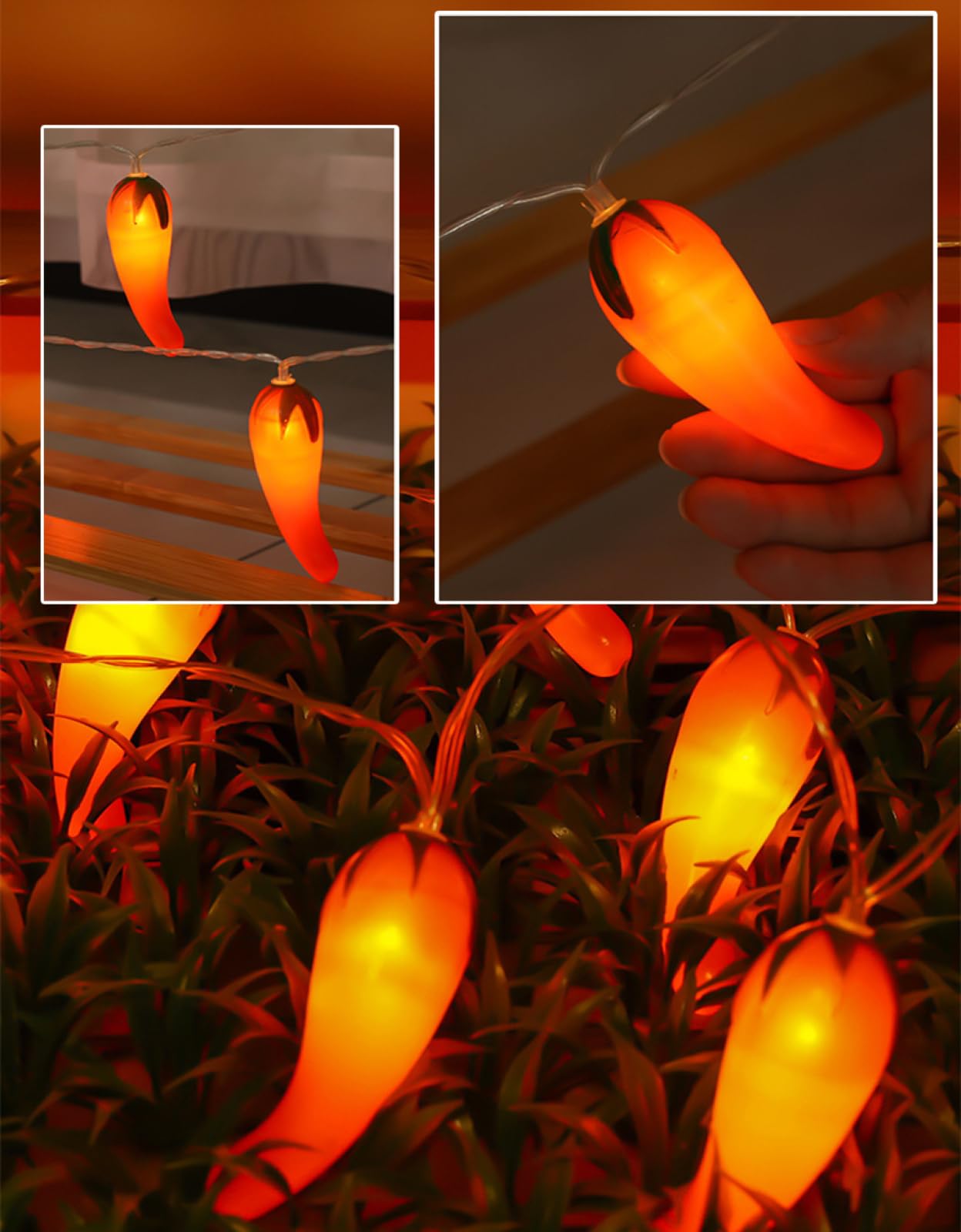 Catena Luminosa Al Peperoncino Rosso|Luci Natalizie A Led In Filo Di Rame Bianco Caldo|Lampade Decor A Sospensione Serie Da Giardino Per Feste Di Natale,Bianco Caldo,10m(32.8 piedi)-80LED-USB