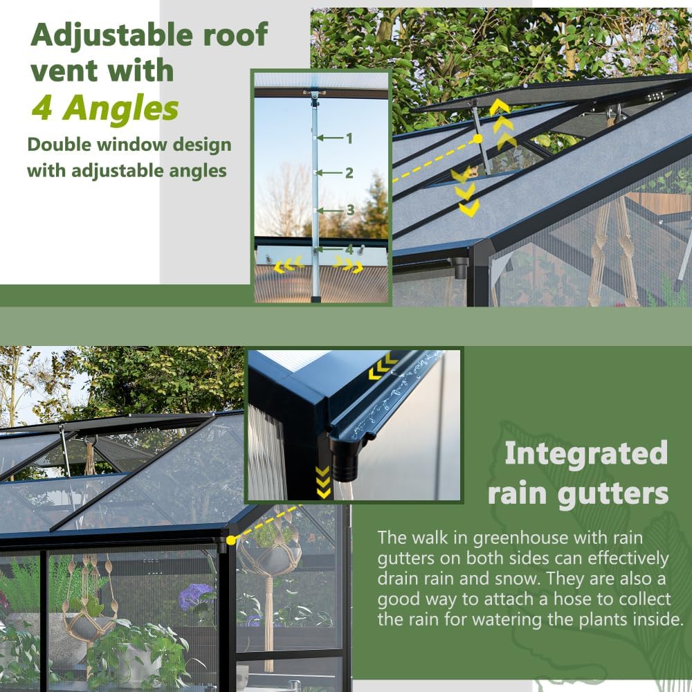 Heavy Duty Polycarbonate Greenhouse with Ventilation Windows and UV Protection for Backyard Garden Growing (6x8 FT)