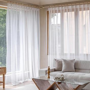 Pinch Pleated Curtains 84x108 Inches Long Extra Wide Long White Sheers for Living Room Bedroom Meeting Room Faux Linen Semi Sheer Drapes Light Filtering with Hooks 1 Panel
