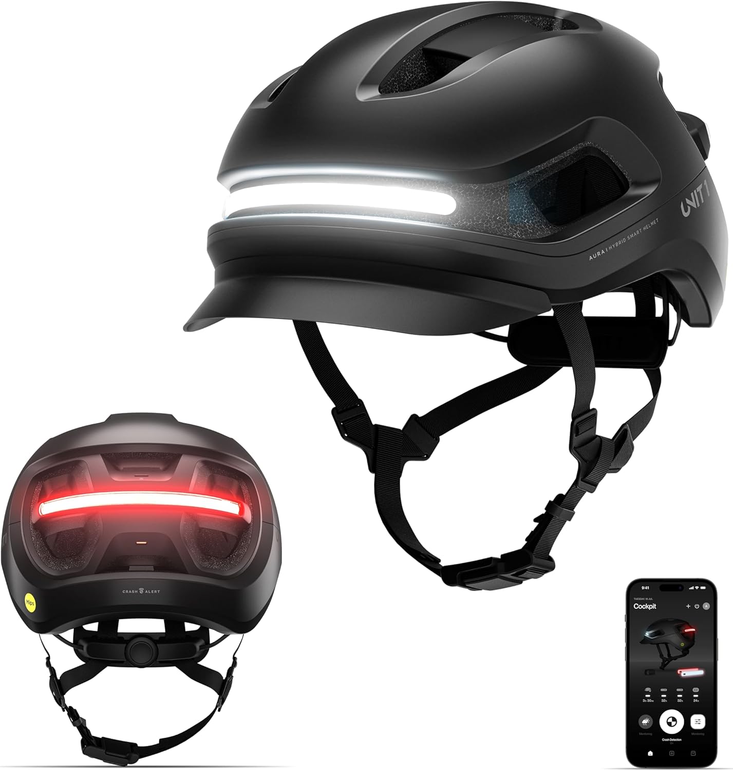 UNIT 1 Aura Smart Bike Helmet (Medium) Bundle with Wireless Handlebar Remote | MIPS + NTA-8776 E-Bike Certified | Integrated Turn Signals & Brake Light | Crash Detection | USB-C Rechargeable