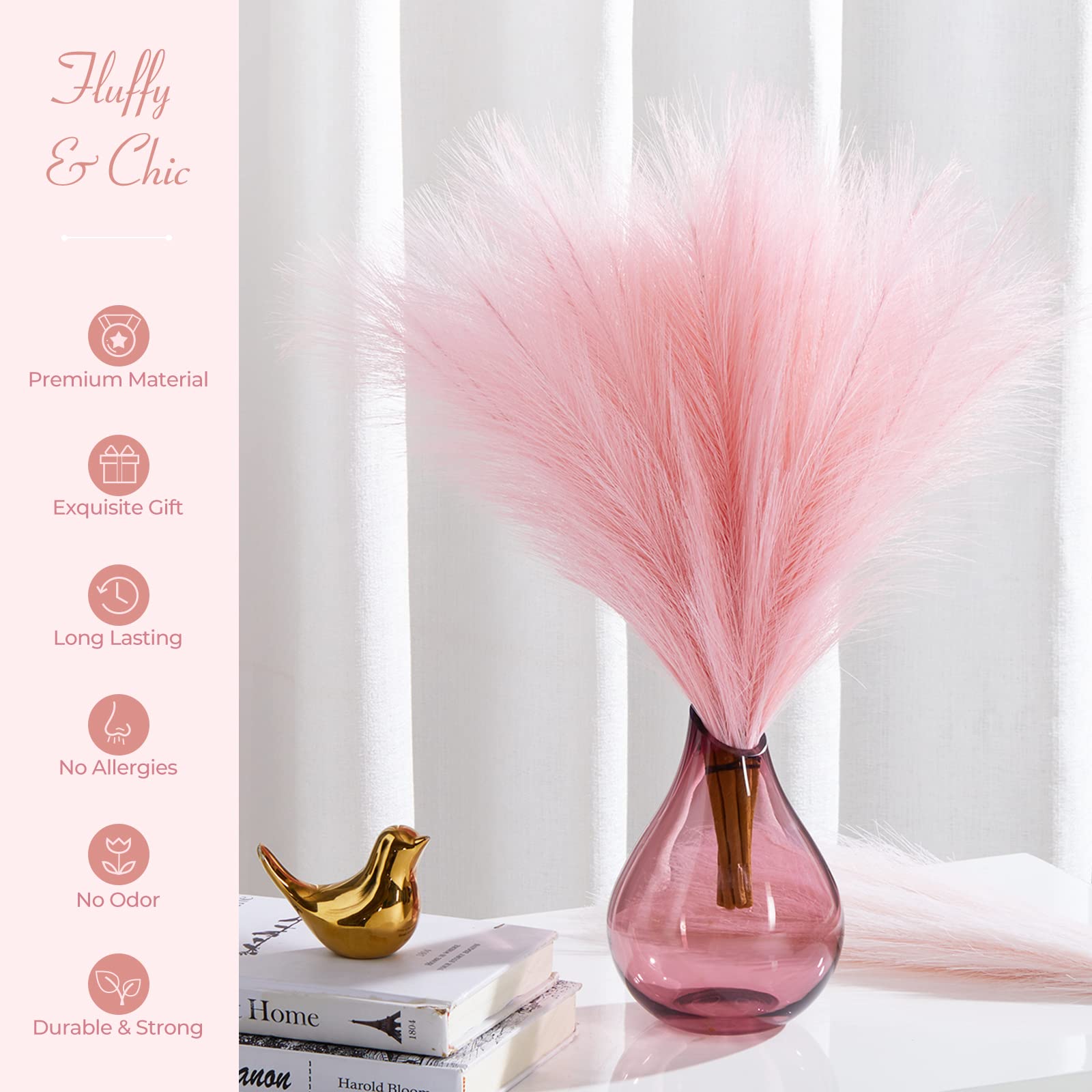 Serwalin Pampas Grass Pink Decor 45CM 6PCS, Faux Home Decor, Artificial Blush Fake Grass, Short Vase Filler Room Decoration - Image 3