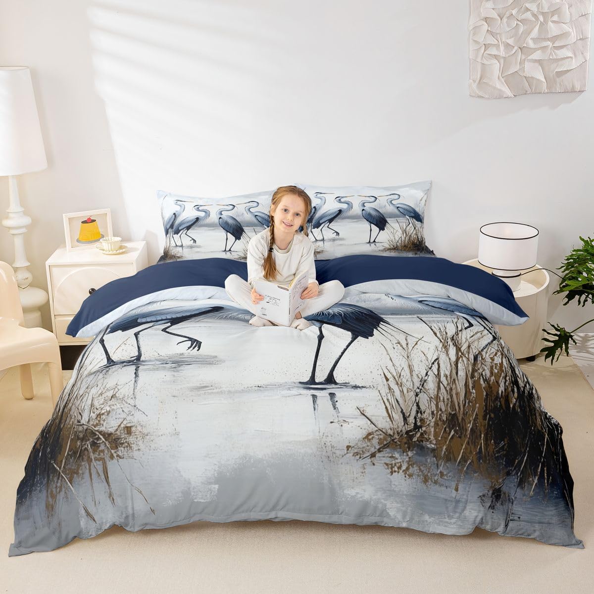 Erosebridal Vintage Heron Bird Toddler Comforter Cover Nature Landscape Animal Bedding Set Farmhouse Blue Heron Duvet Cover for Kids Boys Girls,Rustic Natural Theme Bed Set