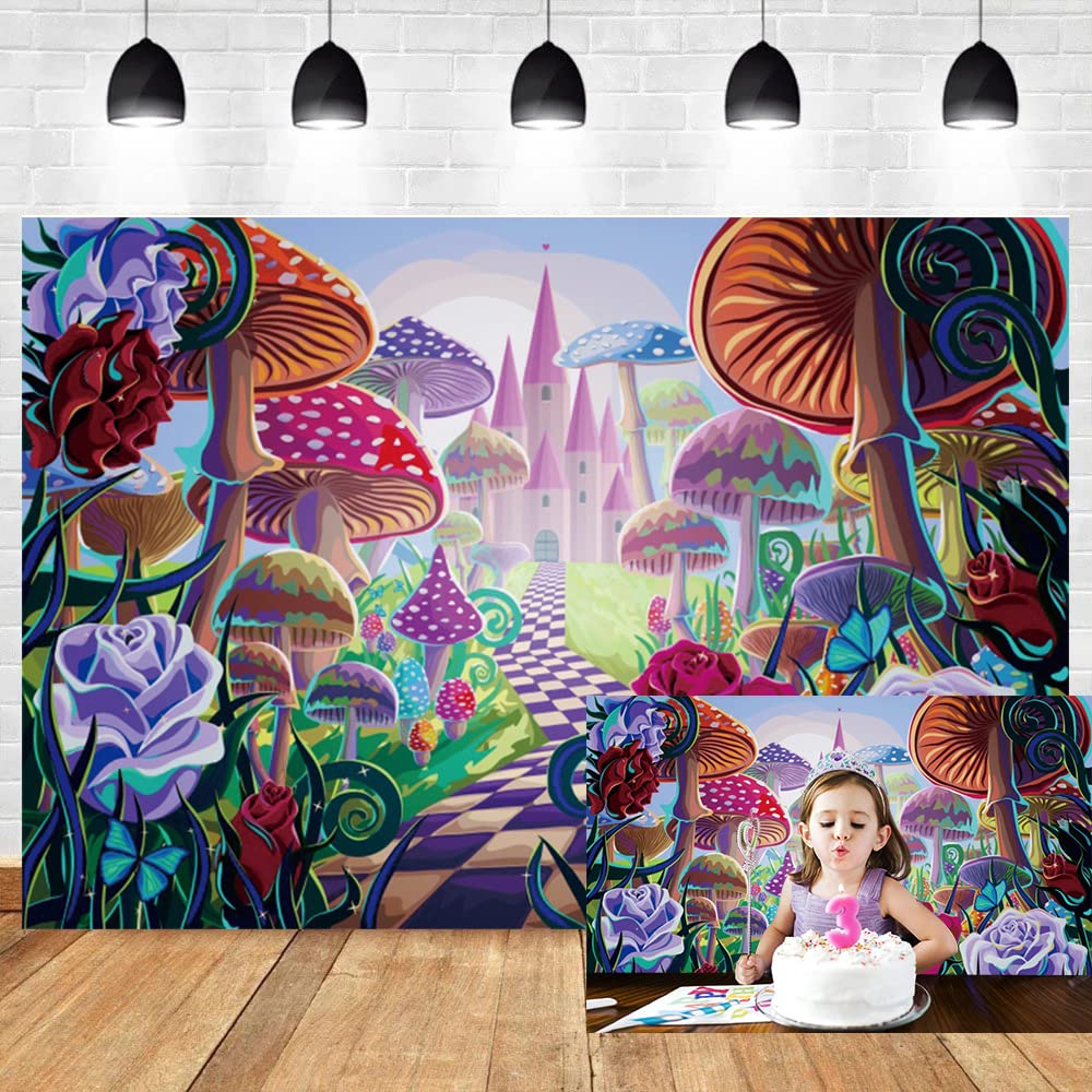 3 x 2,1 m Märchen Pilz Schloss Hintergrund Frühling Bunte Blumen Hintergrund Kinder Mädchen Prinzessin Geburtstag Party Zubehör Dekoration Babyparty Banner Fotoautomaten Studio Requisiten