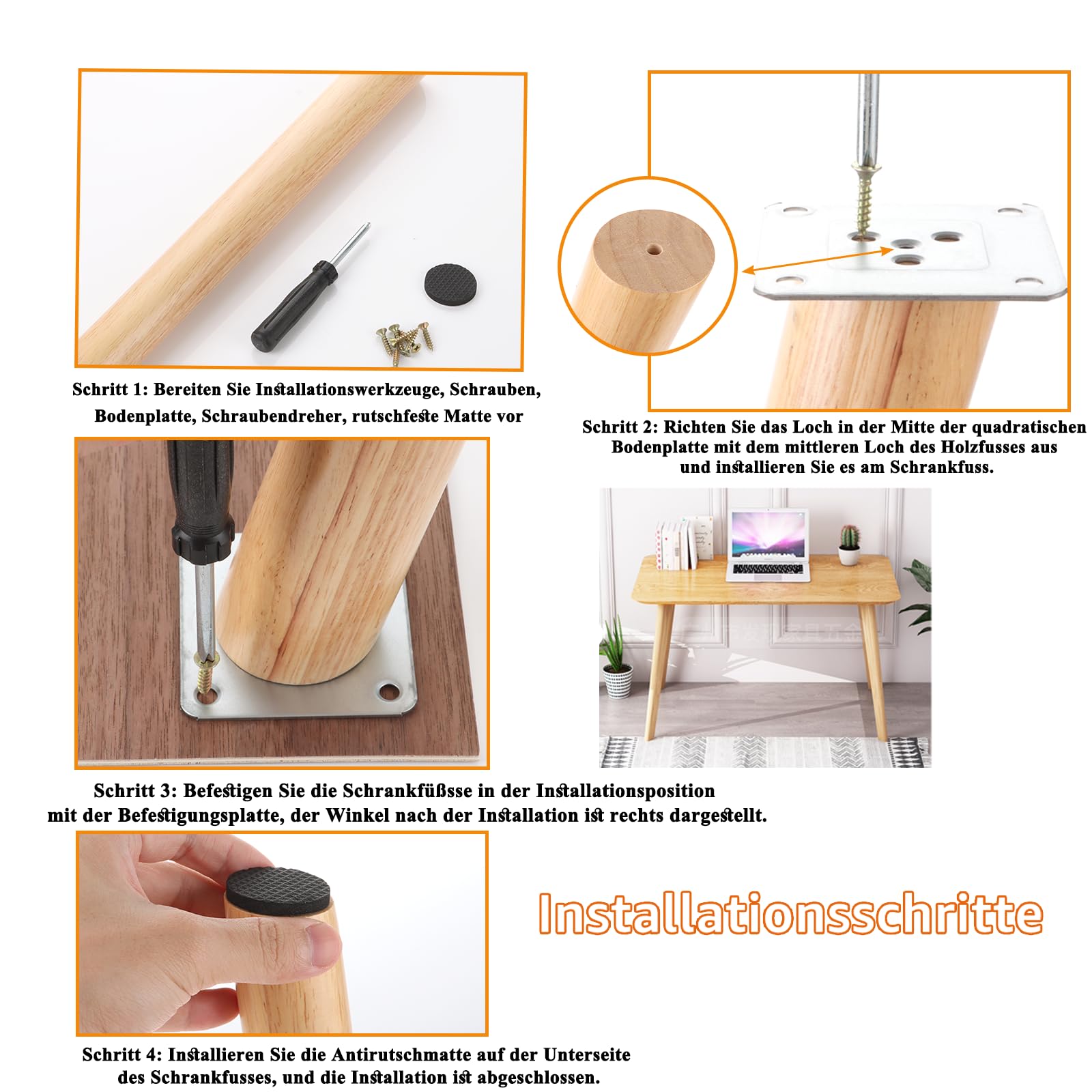 YOUNTHYE 4 stuks houten meubelpoten schuin 40 cm, conische houten meubelpoten, ronde massief houten vervangingsmeubelpoten, tafelpoten schuin met montageplaten en viltvoetjes, kastpoten voor sofa, bed