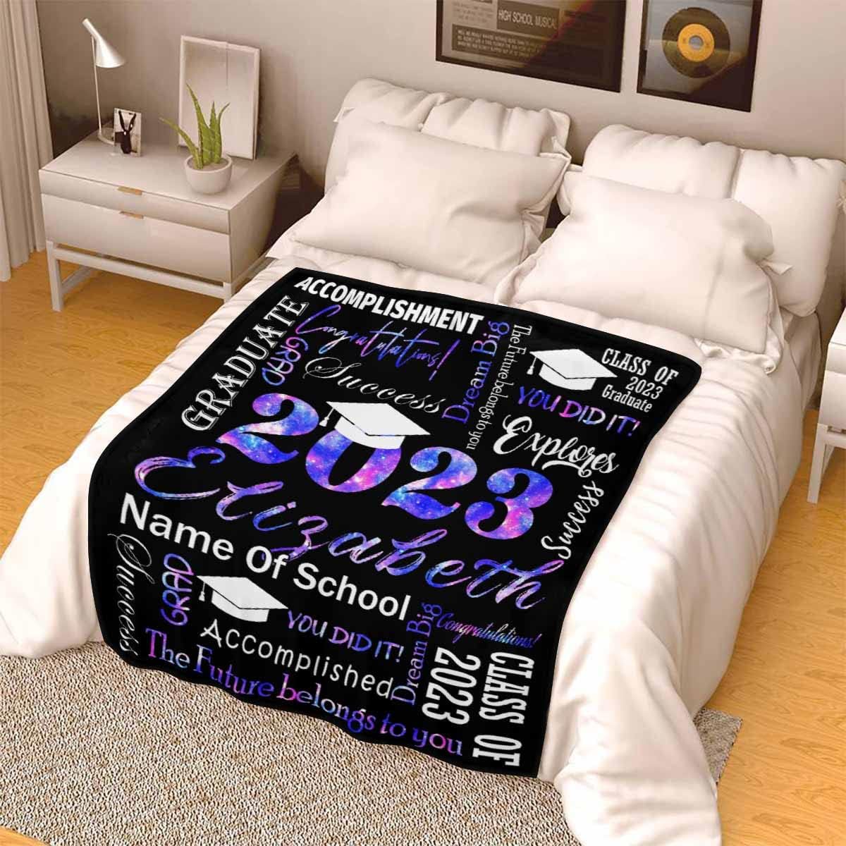 LOSARON Personalized Graduation Blanket for Class of 2023 Purple Sparkle Text Class of 2023 Fleece Throw Blanket with School College Name for Granddaughter Grandson Niece Graduation Gifts 60x80