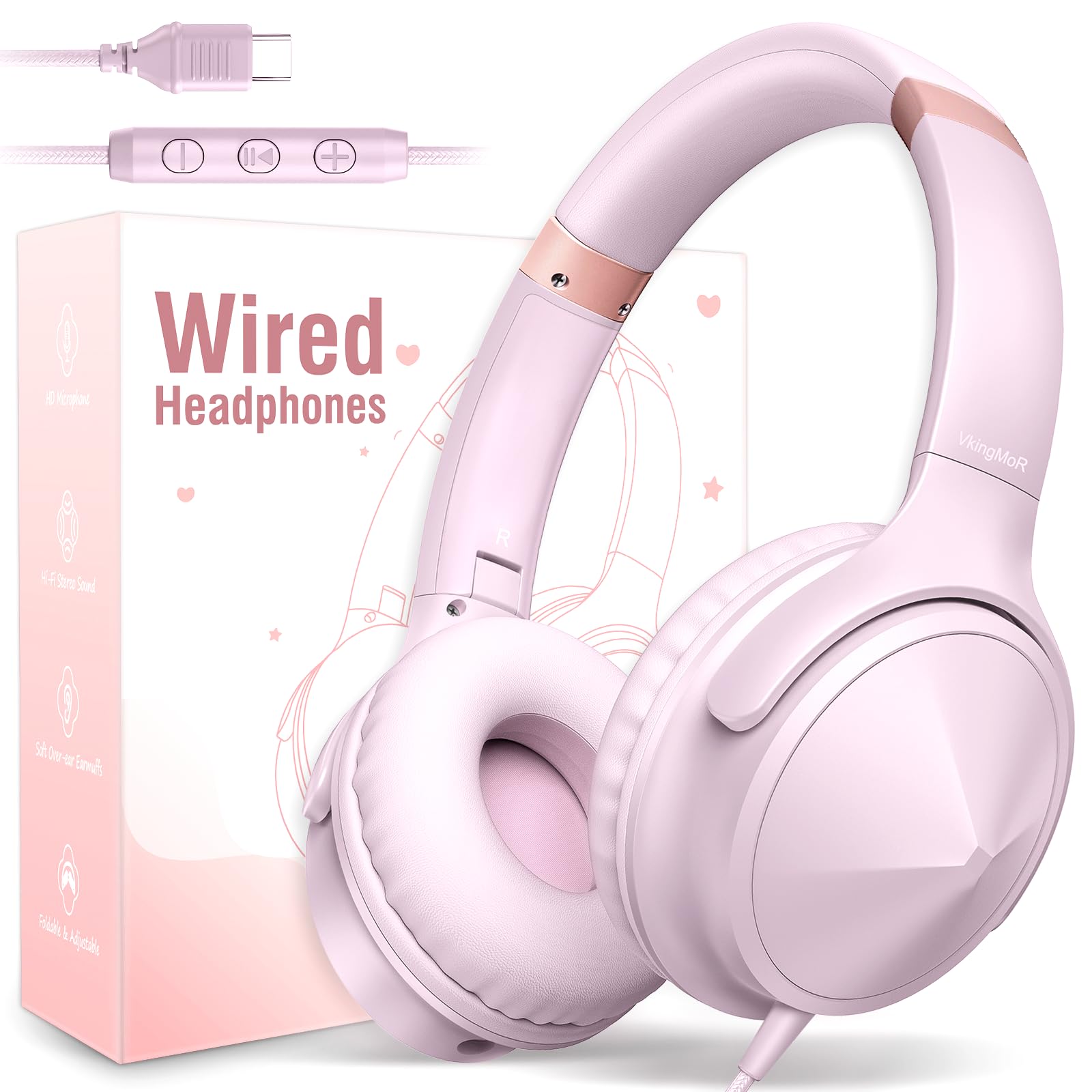 USB C Over Ear Headphones Wired, USB C Wired Headphones with Mic