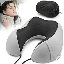 Bon Voyage Coussin de voyage avec mousse à mémoire de forme – Coussin de nuque ergonomique avec poche et fermeture Velcro, housse en velours, pour avion, voiture, train, bus, pour adultes et