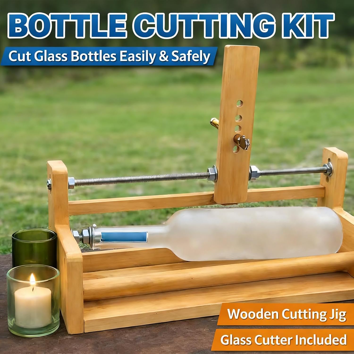 Glass Cutting Tool, 13.78x5.91x7.87 Inch Wood Hardware, Adjustable Design, Bottle Scoring Kit, Round Glass, Recycling, Crafting, Candle Holder Making, Hobby Use