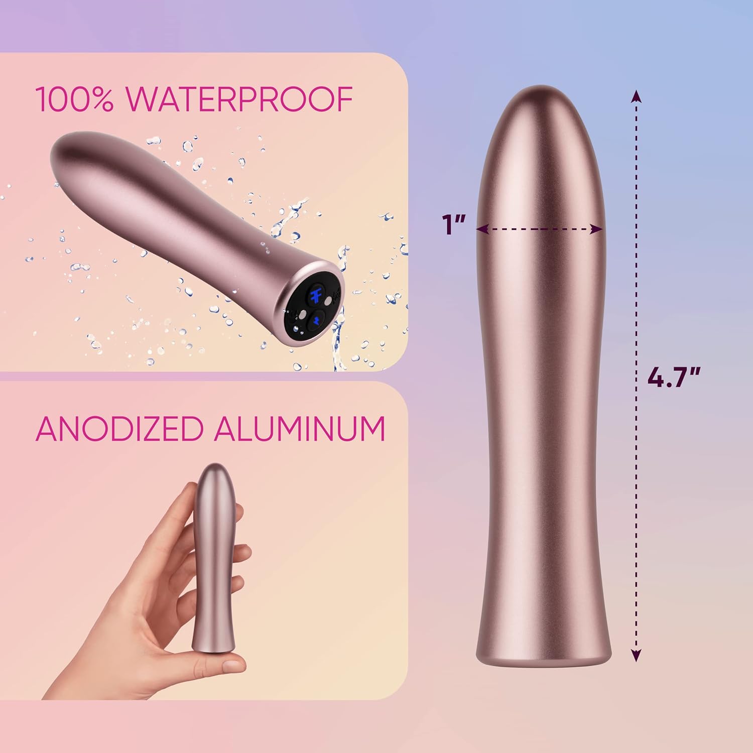 Bougie Bullet Vibrator for Women - Luxe Anodized Aluminum Adult Toy for Temperature Play with 20 Powerful Modes & USB Magnetic Charging Case - Whisper Quiet & Waterproof Sex Toys (Rose Gold)