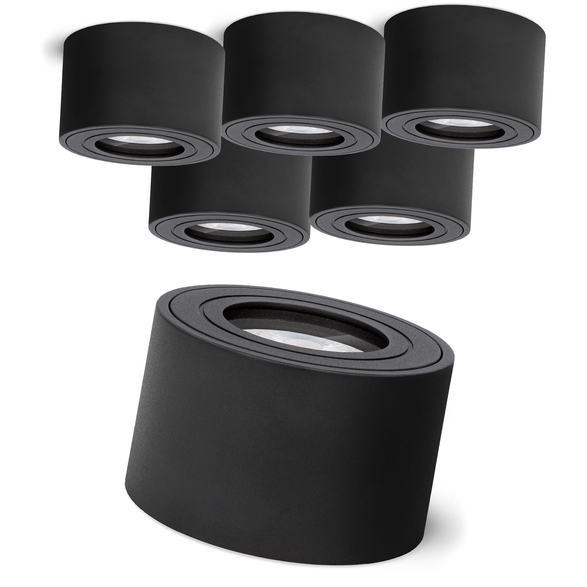 SSC-LUXon SMOL Aufbauspot 6er Set schwarz rund IP44 GU10 2W warmweiß Ø80mm | Sechs Deckenspots IP44 schwarz - warmweiß, für Bad, Küche & Flur, innen & außen, spritzwassergeschützt, inkl. GU10 LED