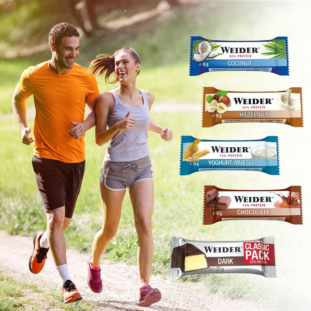 WEIDER Fitness Proteinriegel, leckere Eiweißriegel mit Schokolade, kleiner Protein Snack für Zwischendurch, praktischer Energieriegel für unterwegs, Box mit 24 x 35 g