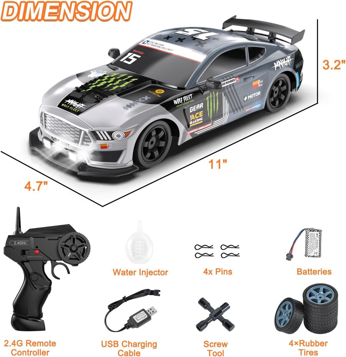 Skala 1/24 Rc Drift Car 4wd High Speed Pilot Racing Car Ze światłami Led I Opryskiwaczem, Opony Wyścigowe Do Driftu, Prezent Urodzinowy Dla Chłopców