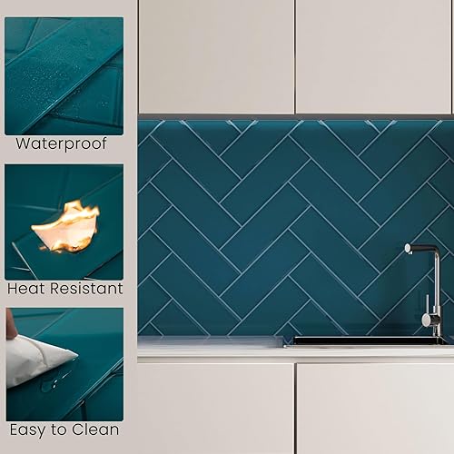 Miniatura 4 de Azulejos de cristal de metro de 4 x 12 pulgadas, color verde azulado oscuro para pared de cocina, baño, paquete de 12 hojas