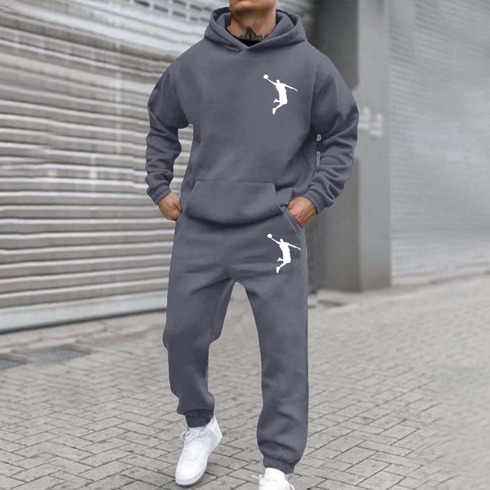 Conjunto de sudadera y pantalón con capucha con estampado clásico para hombre otoño e invierno suelto y cómodo