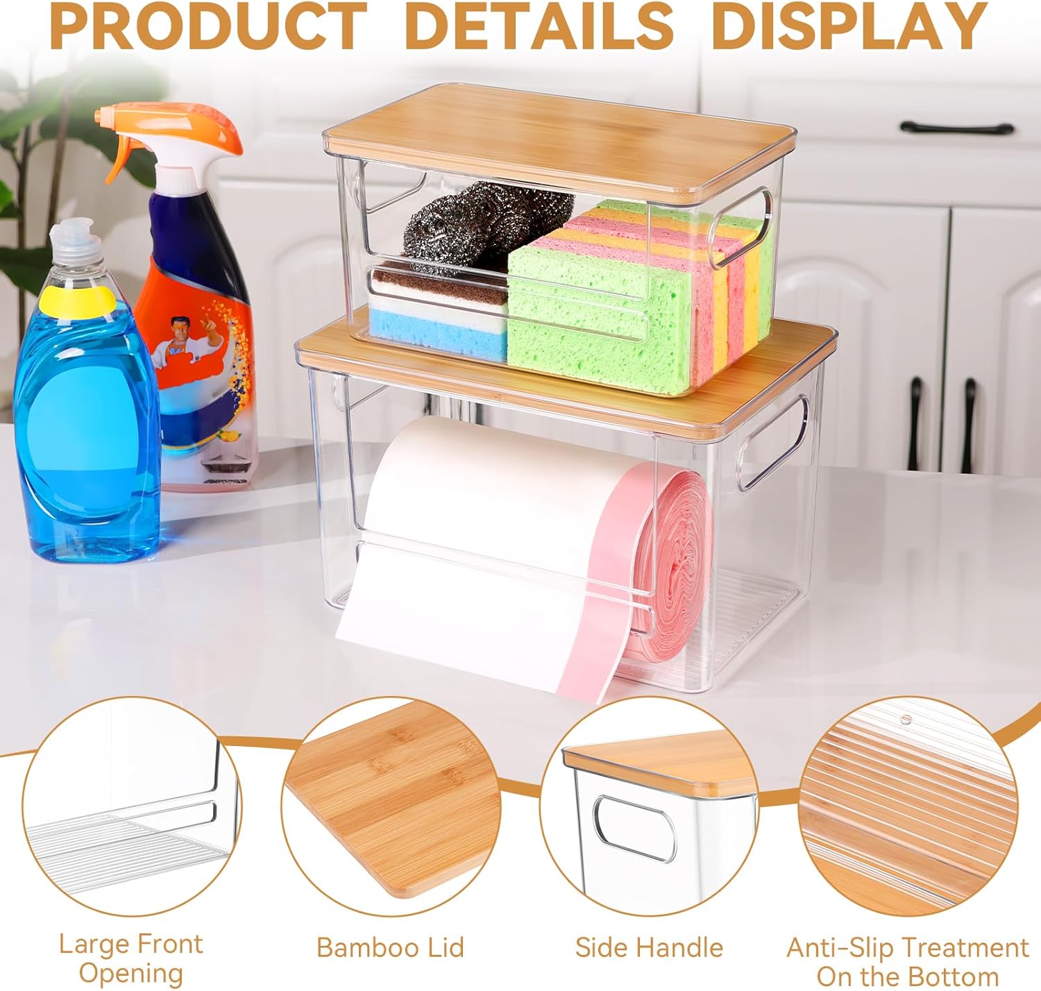 Trash Bag Holder Dispenser 2 Pack, Garbage Bag Dispenser with Bamboo Lid & Handles, Stackable Clear Trash Bag Organizer Under Sink for Kitchen, Pantry, Laundry Room, Cabinet (XL+S) - Image 4